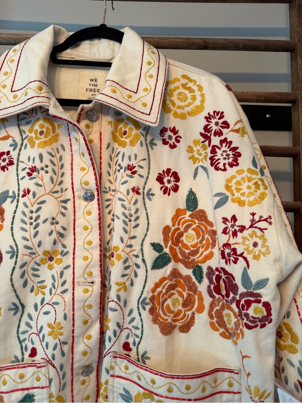 We The Free Cream Embroidered Floral Jean Jacket with Yellow & Orange Flowers - Picture 3 of 10